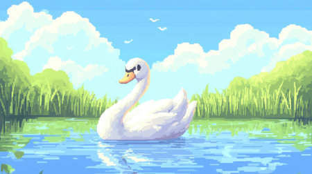 Bright 8-bit baby swan character, floating peacefully on a cartoon pond, front view in Nintendo game sprite styleの素材