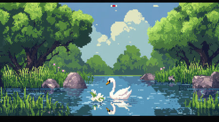 8-bit chibi swanling game mockup, HUD health bar at top, swan centered on pond with pixelated nature sceneの素材
