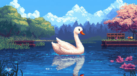 8-bit chibi swan character selection screen, front view, floating on pixel pond backdrop, Nintendo-inspired graphicsの素材