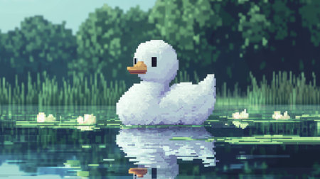 Cute 8-bit chibi swanling on water, front-facing, surrounded by pixel lily pads, retro video game HUD visibleの素材
