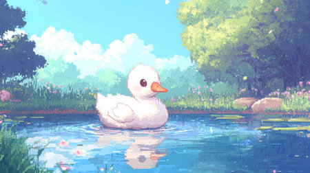 Front-facing baby swan in pastel pond environment, pixelated chibi character with cute blush, NES game styleの素材