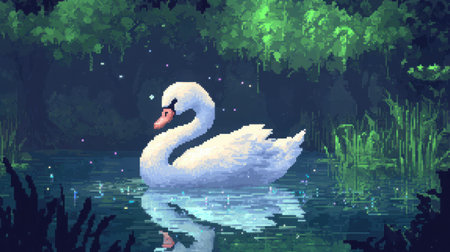 Front view of a pixel baby swan in 8-bit, mid-pond with sparkles and ripples, in Nintendo game environment styleの素材