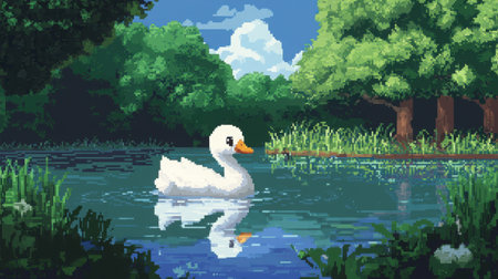 Bright 8-bit baby swan character, floating peacefully on a cartoon pond, front view in Nintendo game sprite styleの素材