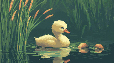 Charming retro scene of a baby swan in chibi form, pond setting with cattails and water ripples, 8-bit pixelated detailの素材