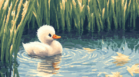Charming retro scene of a baby swan in chibi form, pond setting with cattails and water ripples, 8-bit pixelated detailの素材