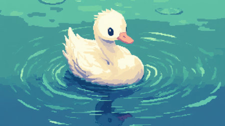Bright 8-bit baby swan character, floating peacefully on a cartoon pond, front view in Nintendo game sprite styleの素材