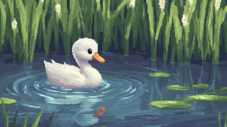 Charming retro scene of a baby swan in chibi form, pond setting with cattails and water ripples, 8-bit pixelated detailの素材