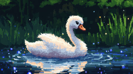 Front view of a pixel baby swan in 8-bit, mid-pond with sparkles and ripples, in Nintendo game environment styleの素材