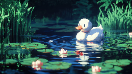 Cute 8-bit chibi swanling on water, front-facing, surrounded by pixel lily pads, retro video game HUD visibleの素材