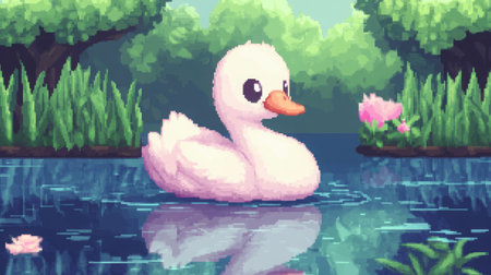Front-facing baby swan in pastel pond environment, pixelated chibi character with cute blush, NES game styleの素材