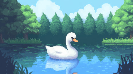 Adorable chibi baby swan in 8-bit style, centered on a calm pond with trees in the distance, Nintendo screenshot aestheticの素材