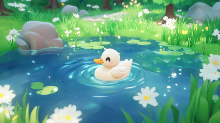 Game screen mockup showing front view of chibi swanling floating in pond with water animations and HUD iconsの素材