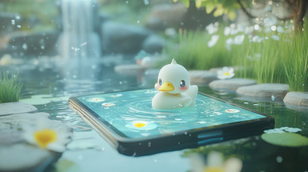 Game screen mockup showing front view of chibi swanling floating in pond with water animations and HUD iconsの素材