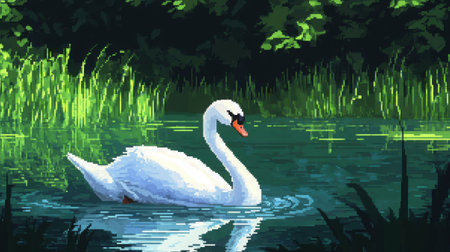 Nintendo-style game frame with HUD, front-facing 8-bit chibi swan on a pond with animated water ripples and reedsの素材