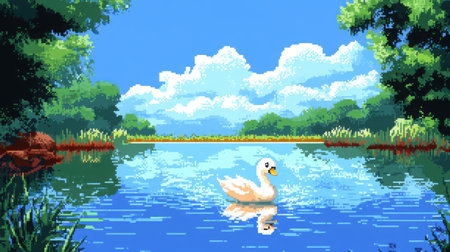 Vintage game screen featuring a front-view chibi baby swan gliding across a pixelated pond with bright sky reflectionの素材
