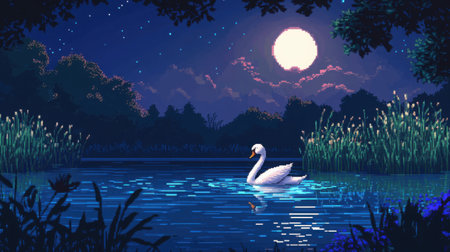 Nintendo-style game frame with HUD, front-facing 8-bit chibi swan on a pond with animated water ripples and reedsの素材