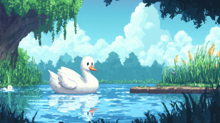 Nintendo-style game frame with HUD, front-facing 8-bit chibi swan on a pond with animated water ripples and reedsの素材