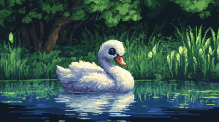 Pixel art baby swan with big eyes, front view, on a pond background, 8-bit retro game look like early Nintendo titlesの素材