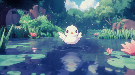Screenshot of a retro-style game, front view baby swan in chibi form, hovering slightly above a pond surfaceの素材