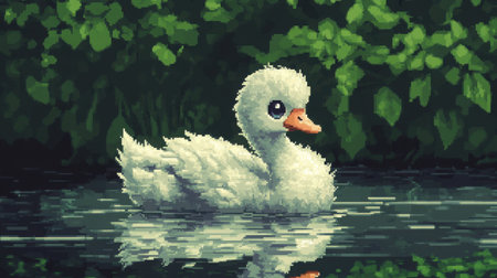 Pixel art baby swan with big eyes, front view, on a pond background, 8-bit retro game look like early Nintendo titlesの素材