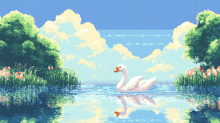 Vintage game screen featuring a front-view chibi baby swan gliding across a pixelated pond with bright sky reflectionの素材