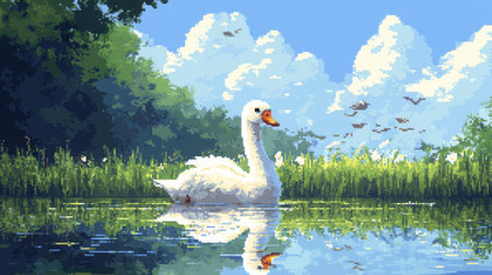 Retro-style baby swan game scene, front view sprite on pond, with soft pixel skies and water birds in backgroundの素材