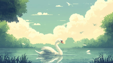 Retro-style baby swan game scene, front view sprite on pond, with soft pixel skies and water birds in backgroundの素材