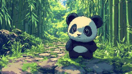 Chibi baby panda in pixel art, front-facing, standing on a mossy rock path with tall green bamboo stalks surrounding it, Nintendo game aestheticの素材