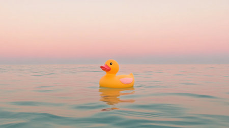 Beautiful advertising photo of a lone rubber duck in a pastel-hued ocean, still water, Wes Anderson-inspired framing and mood, slight top angleの素材