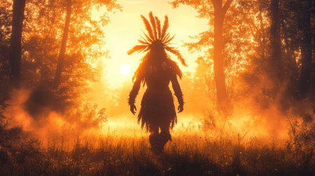 Ultra-realistic vertical silhouette of an Indian warrior disappearing into a radiant sunset mist in ancient mythic forest.の素材