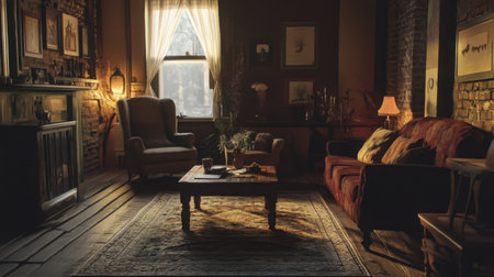 Dimly lit home interior with minimal furnishings, soft shadows, and warm ambient light creating a moody, contemplative atmosphere.の素材