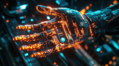 Close-up of a high-tech cybernetic hand with integrated sensors and glowing circuits in a sci-fi lab settingの素材