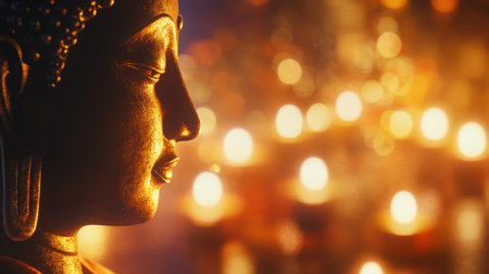 Close-up of a serene Buddha figurine in profile, soft candlelight flickering in the background creating a peaceful glowの素材