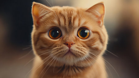 Close-up studio shot of a plump brown Scottish Fold cat staring directly at the camera, clear focus on the folded ears and expressive round eyesの素材