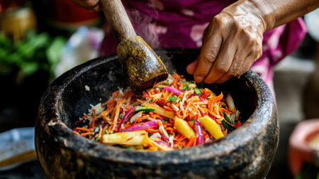 Closeup of Thai woman preparing spicy papaya salad in a mortarの素材