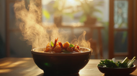 Steaming bowl of Tom Yum Goong with plump shrimp, lemongrass, and chili in a ceramic pot, fresh herbs on the side, shallow depth of field, warm lighting.の素材