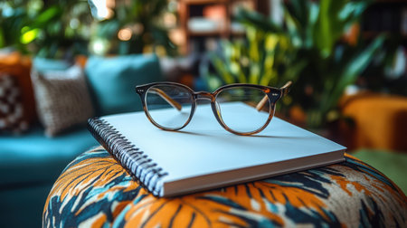 Glasses with Notebook - A pair of glasses placed atop a closed white notebook, suggesting study or work in a clean, professional settingの素材