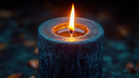 Black wax candle with flame burning at the edge, creating an interesting contrast between dark material and bright fireの素材