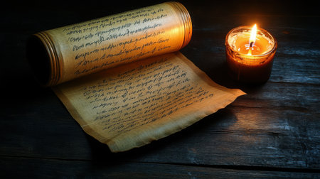 Candlelit Manuscript - A bamboo scroll, slightly curled at the edges, lies open on a dark wooden table. The flickering flame of a nearby candle illuminates the delicate script, with shadows dancing in the black emptiness.の素材