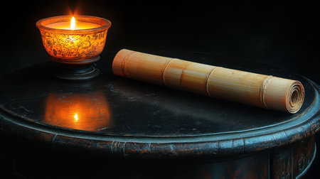 Minimalist Chinese Art - A single bamboo scroll on a polished antique table, lit by a candela gentle flame. The black background enhances the simplicity and elegance of the compositionの素材