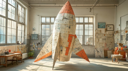 A giant origami rocket installation made from recycled newspaper, photographed in a sunlit studio for an eco-conscious messageの素材