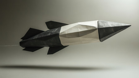 A single black-and-white geometric origami rocket, suspended mid-air with invisible string, casting a sharp shadow on a neutral gray backdrop. Modern and abstract.の素材