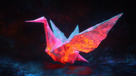A glowing neon pink origami crane under blacklight, its vibrant color popping against a dark backgroundの素材