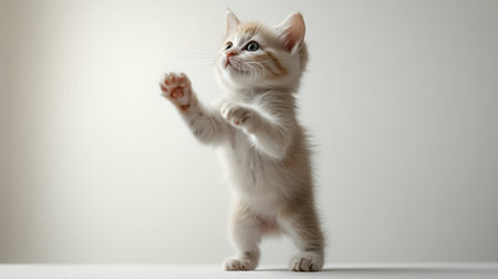 A tiny white kitten soaring upward, all four paws off the ground, whiskers forward, looking adorably determined against a pure white studio backdropの素材