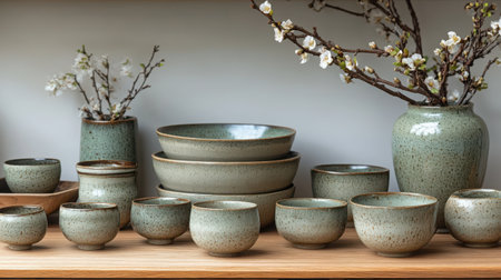 Art and Crafts movement stoneware set with matte glazes and organic forms, arranged on a handcrafted oak sideboardの素材