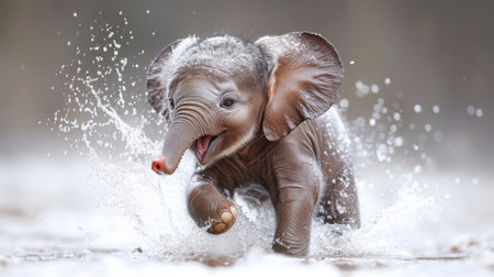 A baby elephant playfully splashing water with its trunk, droplets frozen mid-air against a crisp white background, joyful expression captured in ultra-high detailの素材
