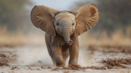 Elephant calf mid-sneeze with ears flared out dramatically against white, dust particles visible in the air, comical moment --no text,letters,logoの素材