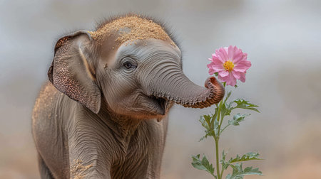 Young elephant holding a flower with its trunk, looking proudly at the camera against infinite white, shallow depth of field on the blossomの素材