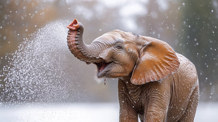 Elephant playfully spraying water from its trunk in a perfect arc against white, droplets sharply focused in mid-airの素材