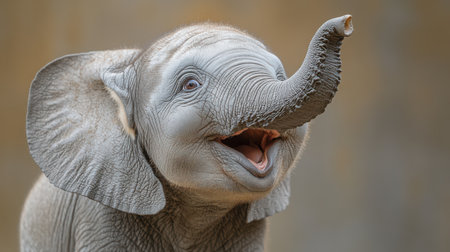 Elephant smiling with its mouth open, eyes crinkled with happiness against stark white, trunk curled upward in greetingの素材